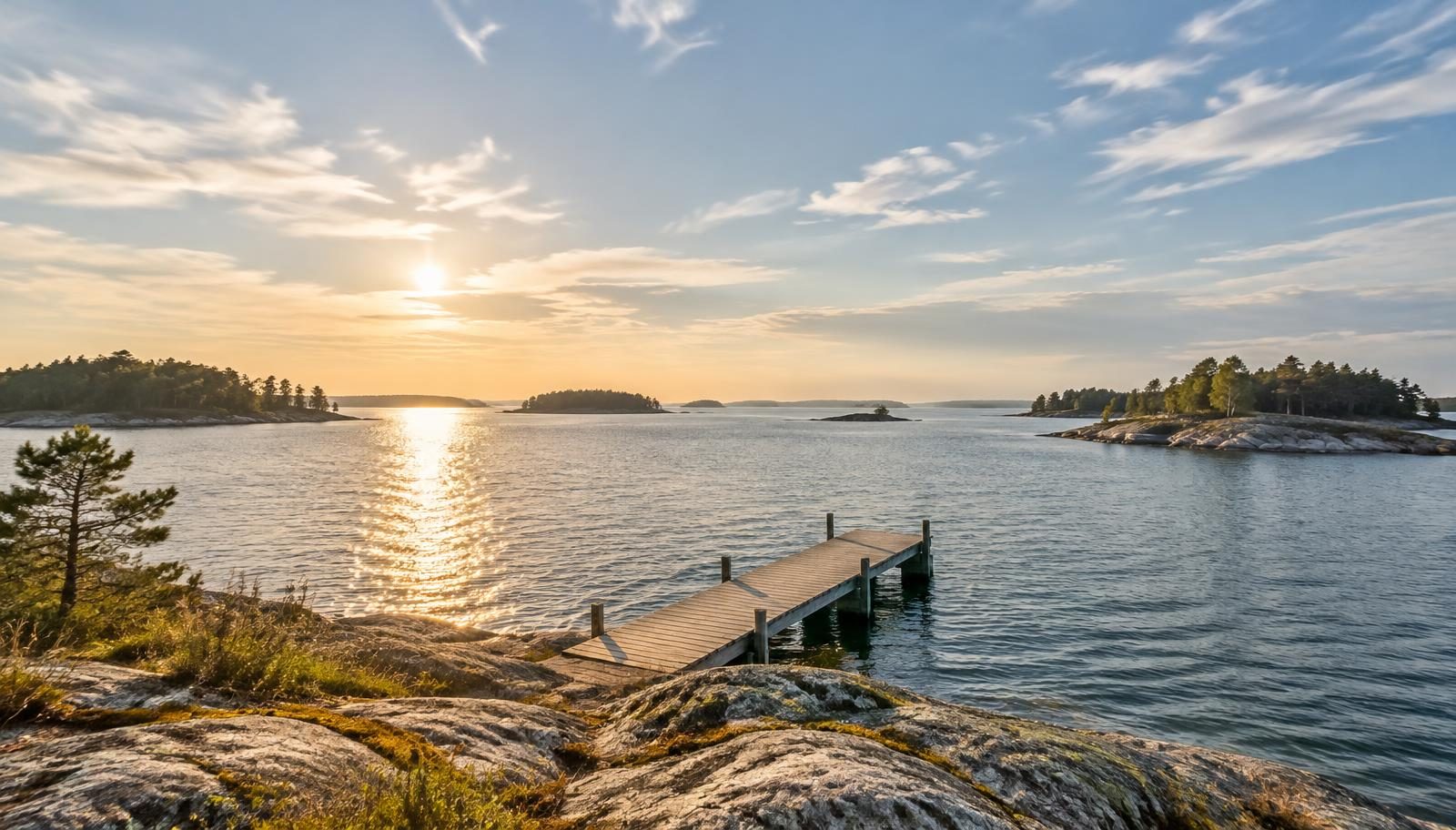Solig skärgård med en brygga som går ut mot öppet vatten