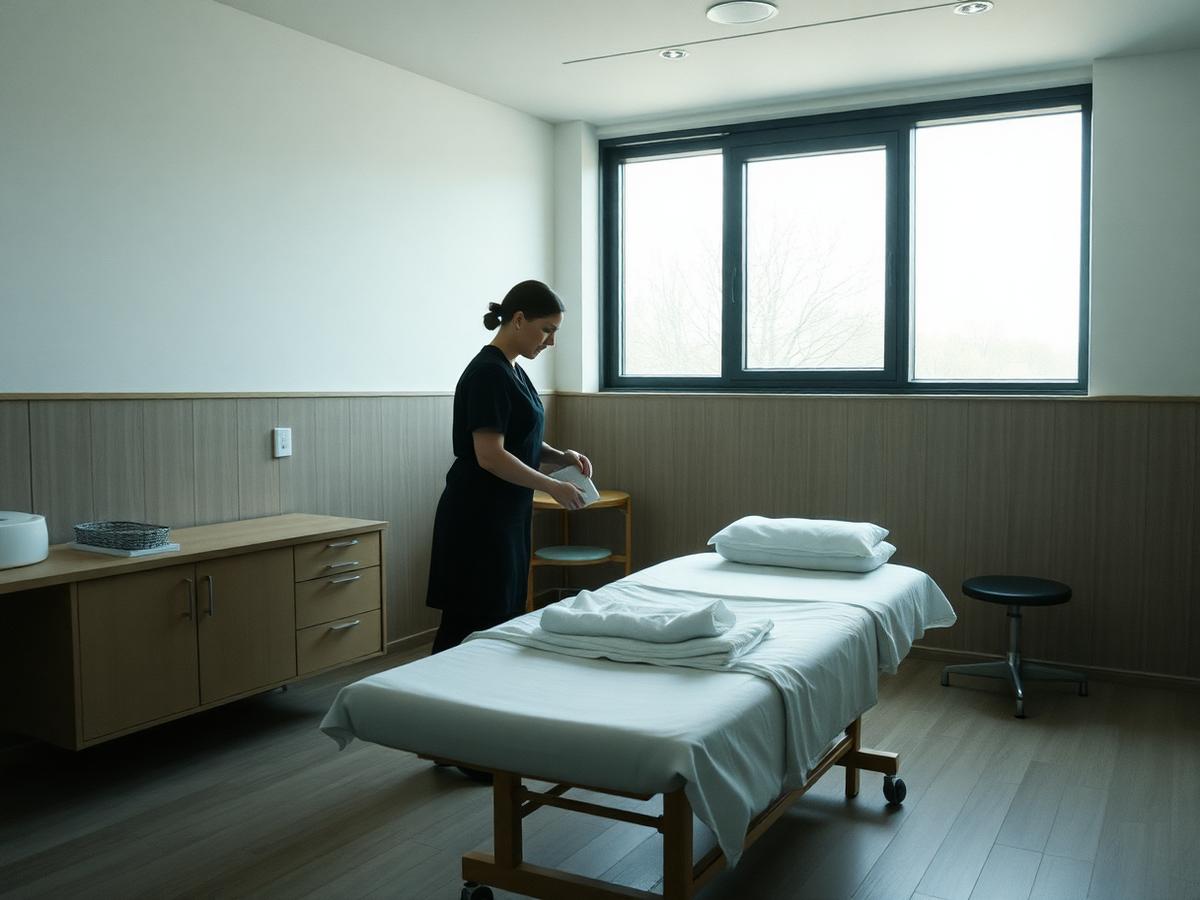 Terapeut förbereder ett behandlingsrum inför dagens bokningar